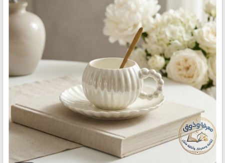 مج سيراميك بتصميم اليقطينه مع صحن مموج ومعلقه ذهبيه