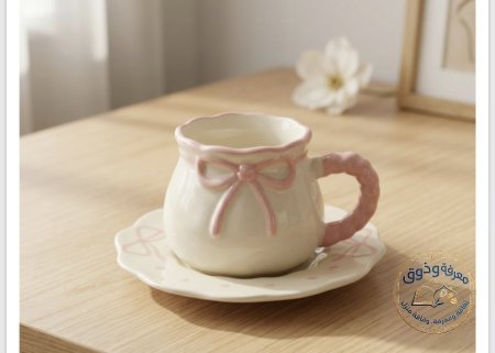 مج سيراميك بتصميم فيونكه بارزه مع صحن